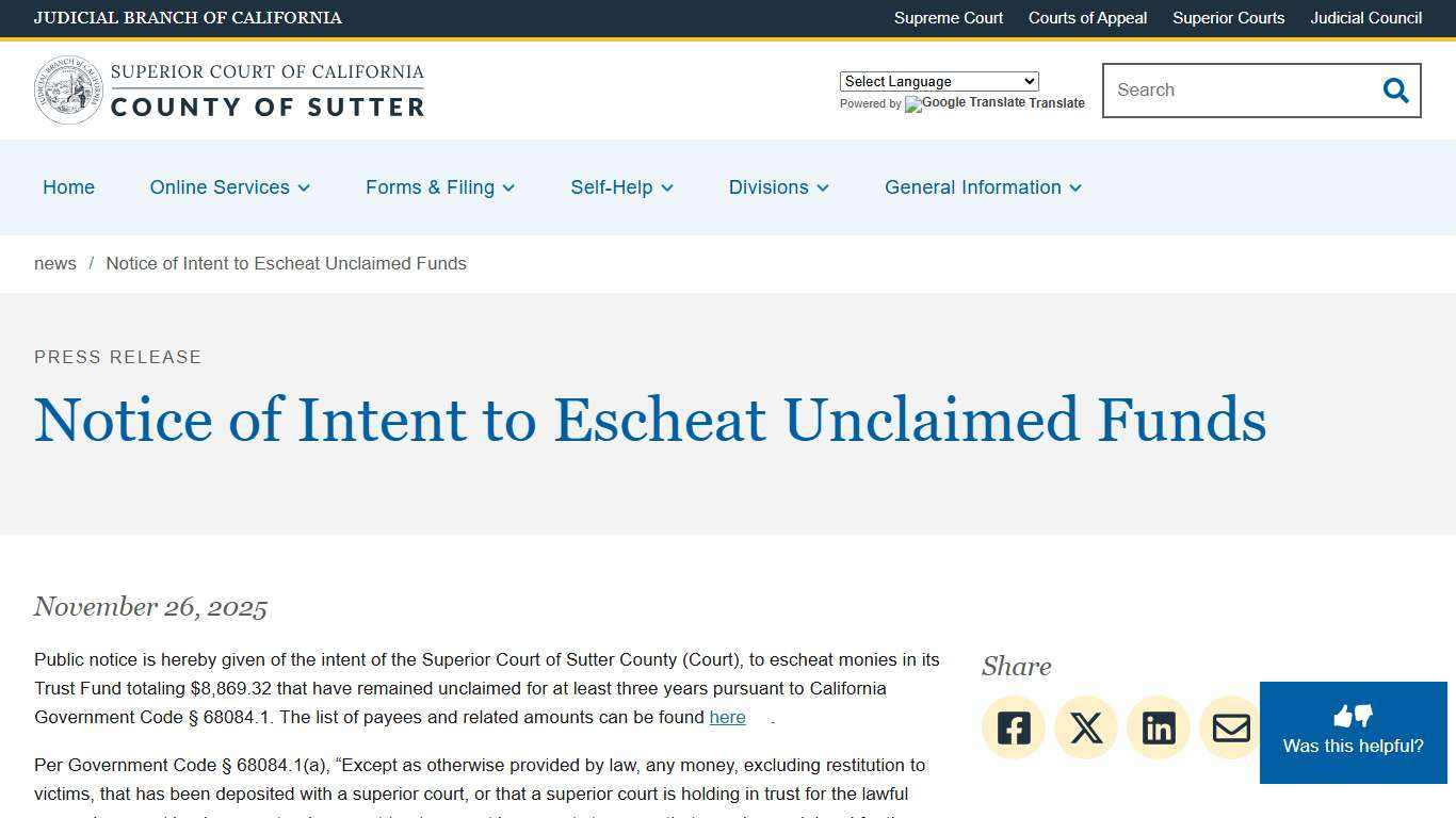 Notice of Intent to Escheat Unclaimed Funds Superior Court of California County of Sutter